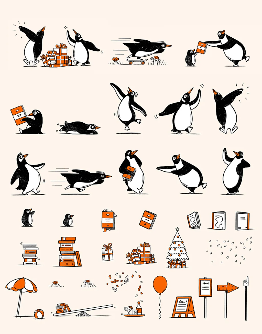 Penguin Random House Playful Penguins campaign with illustrated penguins in different scenarios