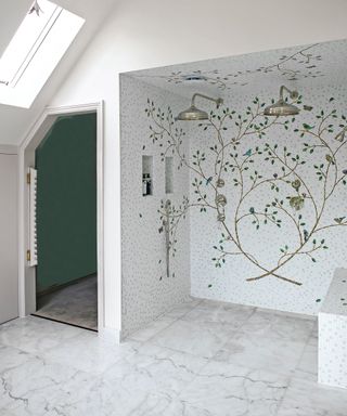 Double shower with bespoke mural wall tiles