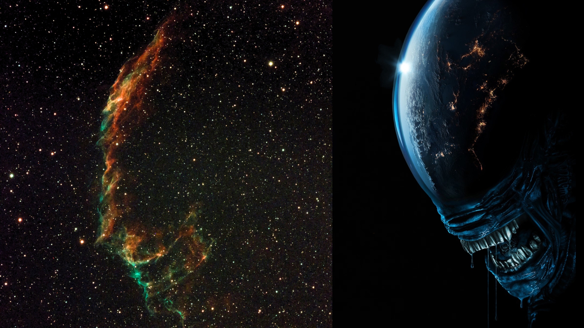 comparison between the eastern veil nebula and a xenomorph in profile. 