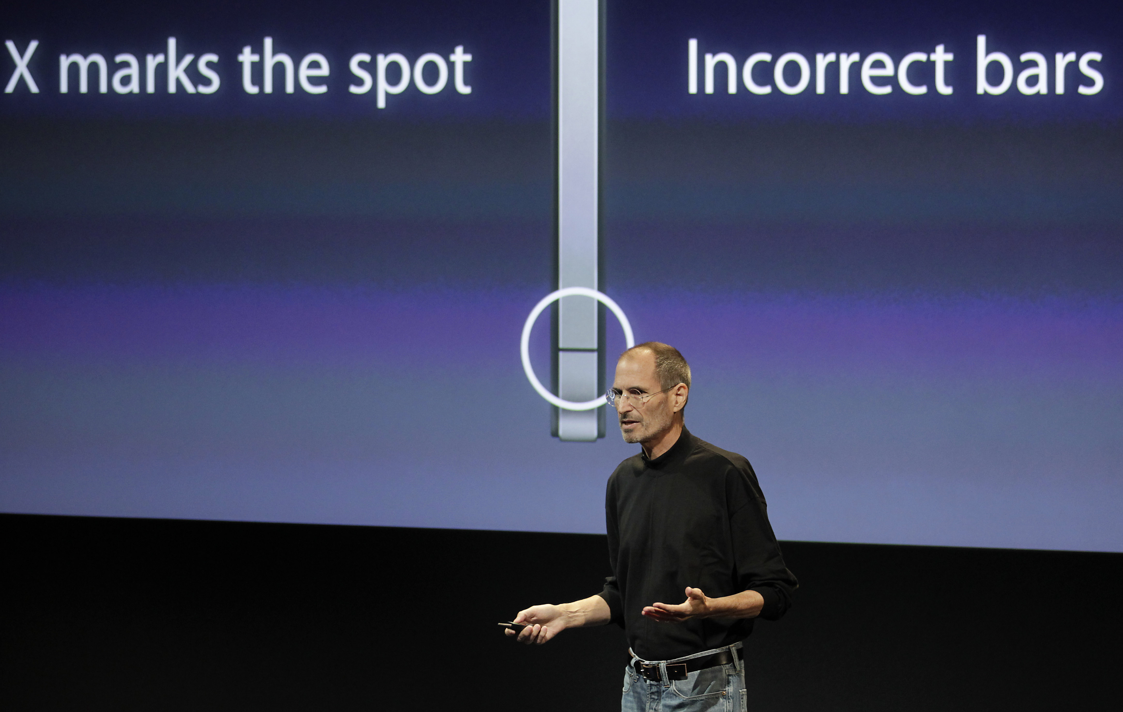 Steve Jobs, chief executive officer of Apple Inc., talks about the Apple iPhone 4 at a news conference in Cupertino, California, U.S., on Friday, July 16, 2010. Apple announced a free "bumper" to owners of the iPhone4 to help with antenna issues. Photographer: Tony Avelar/Bloomberg