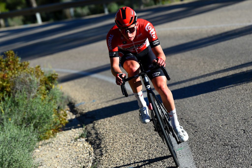 ANDRATX SPAIN JANUARY 29 Matthew Holmes of United Kingdom and Team Lotto Soudal attacks in the breakaway during the 31st Challenge Ciclista Mallorca 2022 Trofeo Pollena Port d Andratx a 170 km race from Pollena to Andratx 214m ChallengeMallorca on January 29 2022 in Andratx Spain Photo by Dario BelingheriGetty Images