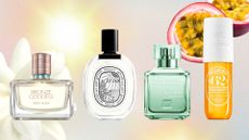 A collage featuring some of the best summer scents included in this guide - Estee Lauder's Bronze Goddess, Diptyque's Ilio, Maison Francis Kurkdjian Aqua Media Cologne Forte and Sol de Janeiro's Cheriosa 62 mist, can be seen arranged in a line and on a multi-coloured background with sun, flower and passionfruit stock images.