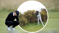 Lee-Anne Pace crouched and holding her head in frustration at the pace of play on the golf course, with an inset image of Neil Tappin searching for a lost golf ball in a bush