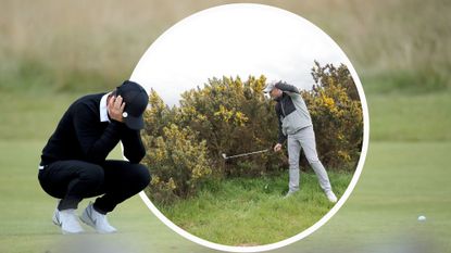 Lee-Anne Pace crouched and holding her head in frustration at the pace of play on the golf course, with an inset image of Neil Tappin searching for a lost golf ball in a bush