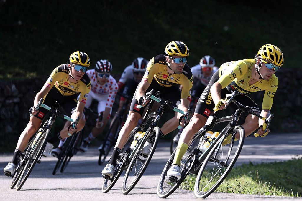Team Jumbo rider Slovenias Primoz Roglic wearing the overall leaders yellow jersey R and Team Jumbo rider Netherlands Tom Dumoulin 2ndR ride during the 18th stage of the 107th edition of the Tour de France cycling race 168 km between Meribel and La Roche sur Foron on September 17 2020 Photo by KENZO TRIBOUILLARD AFP Photo by KENZO TRIBOUILLARDAFP via Getty Images
