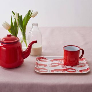 lobster tray with red teapot and mug