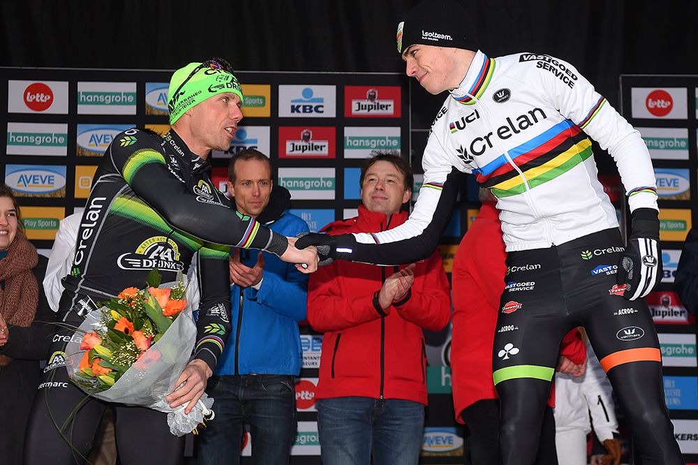 Sven Nys congratulates Van Aert on his win