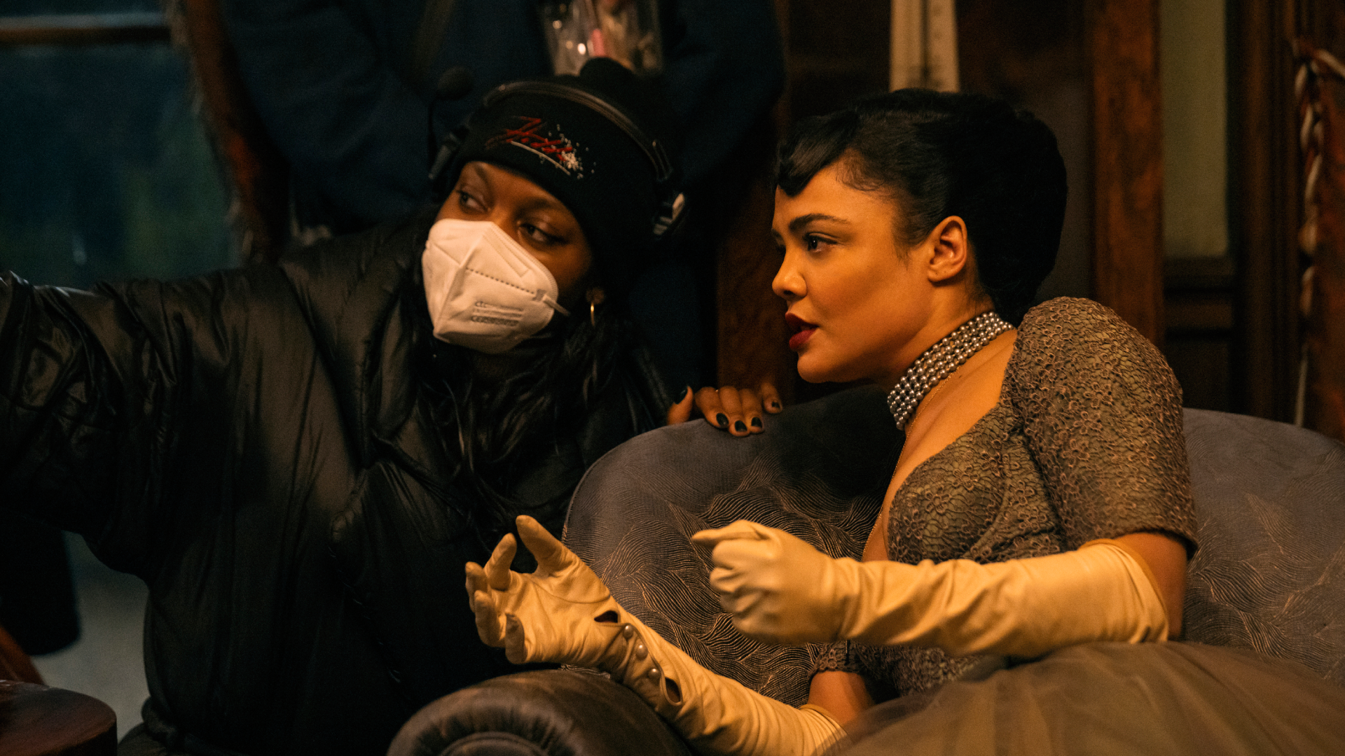 Nia DaCosta directing Tessa Thompson on set of Prime Video drama Hedda