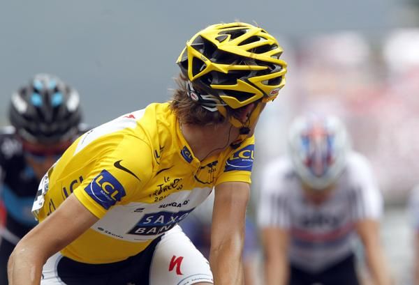 Andy Schleck (Saxo Bank) looks to see what happened to the peloton.