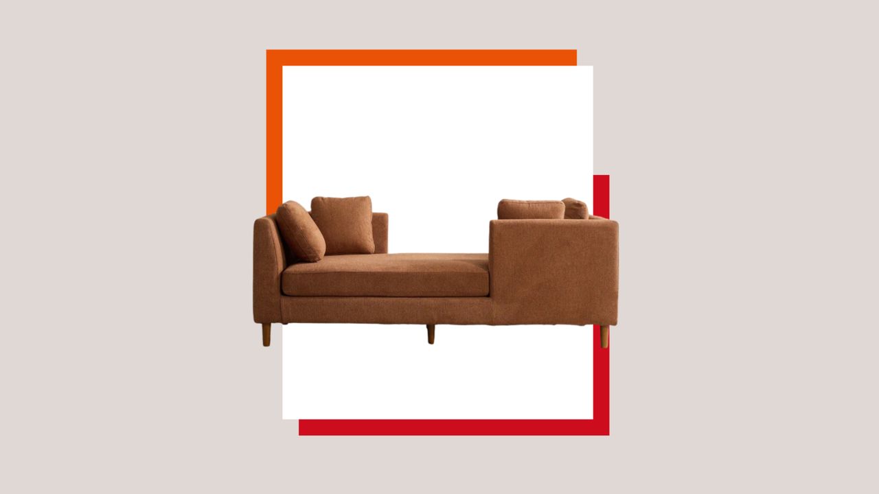 Dusty pink background with a a white product box outlined with orange and red in the middle. There is a caramel brown tete-a-tete sofa in the product box.