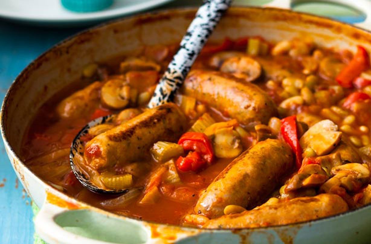 Slow-cooked sausage casserole