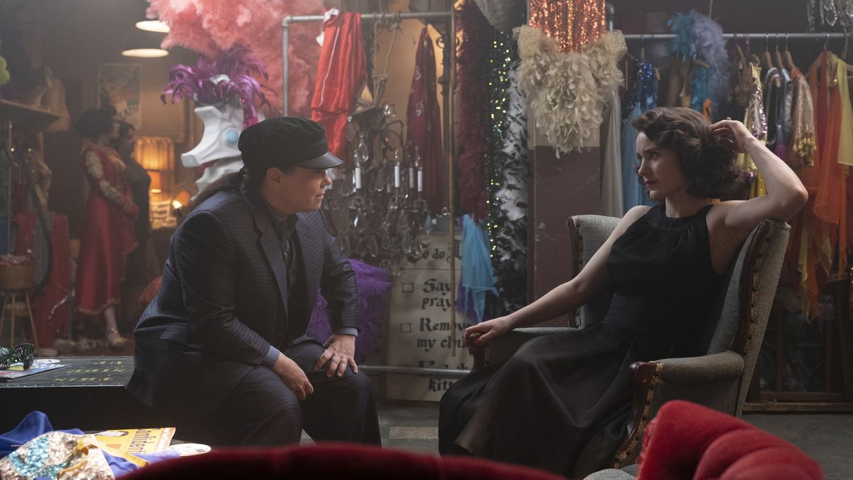Alex Borstein and Rachel Brosnahan in The Marvelous Mrs. Maisel