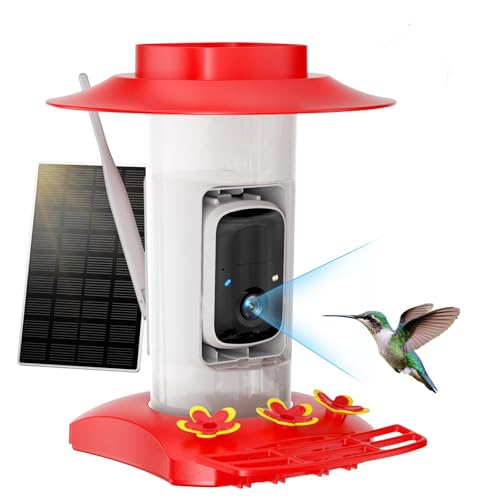 Hummingbird Feeder With Camera for Outdoors, 2k Solar Powered Smart Bird Feeder With Ant Moat &amp;amp; Bee Guard, Auto Capture, Ai Recognition, Gift for Family &amp;amp; Friends(21 Oz) (red)