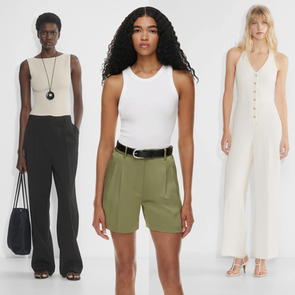 Collage of models wearing aritzia Babaton Sculpt Knit Leading Top, The Effortless Short&trade; Satin, Wilfred Cruiselinen&trade; Upscale Jumpsuit on light grey background