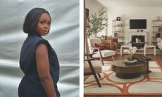 On the left, a profile portrait of interior designer Anu Akinyemi with a sleek bob, wearing a black padded vest over a tailored black pinstripe jumpsuit. On the right is a photo of the same modern living room