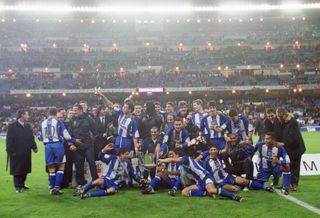 Deportivo La Coruña players celebrate their Copa del Rey final win over Real Madrid at the Santiago Bernabeu in March 2002.