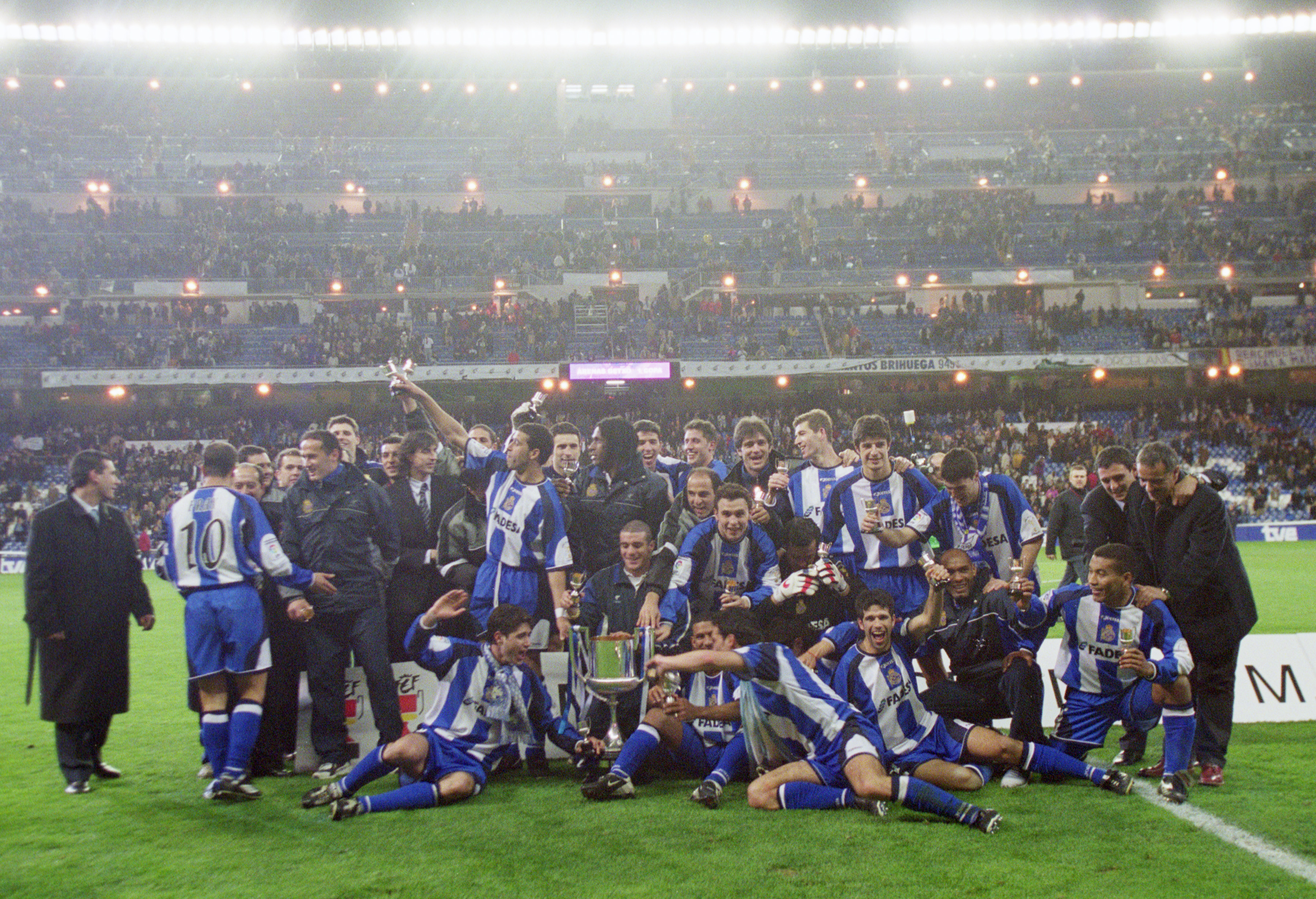 Deportivo La Coruña players celebrate their Copa del Rey final win over Real Madrid at the Santiago Bernabeu in March 2002.