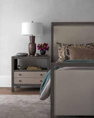Bedhead with neutral colors gray and taupe furniture