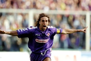 Gabriel Batistuta celebrates a goal for Fiorentina against Empoli in September 1998.