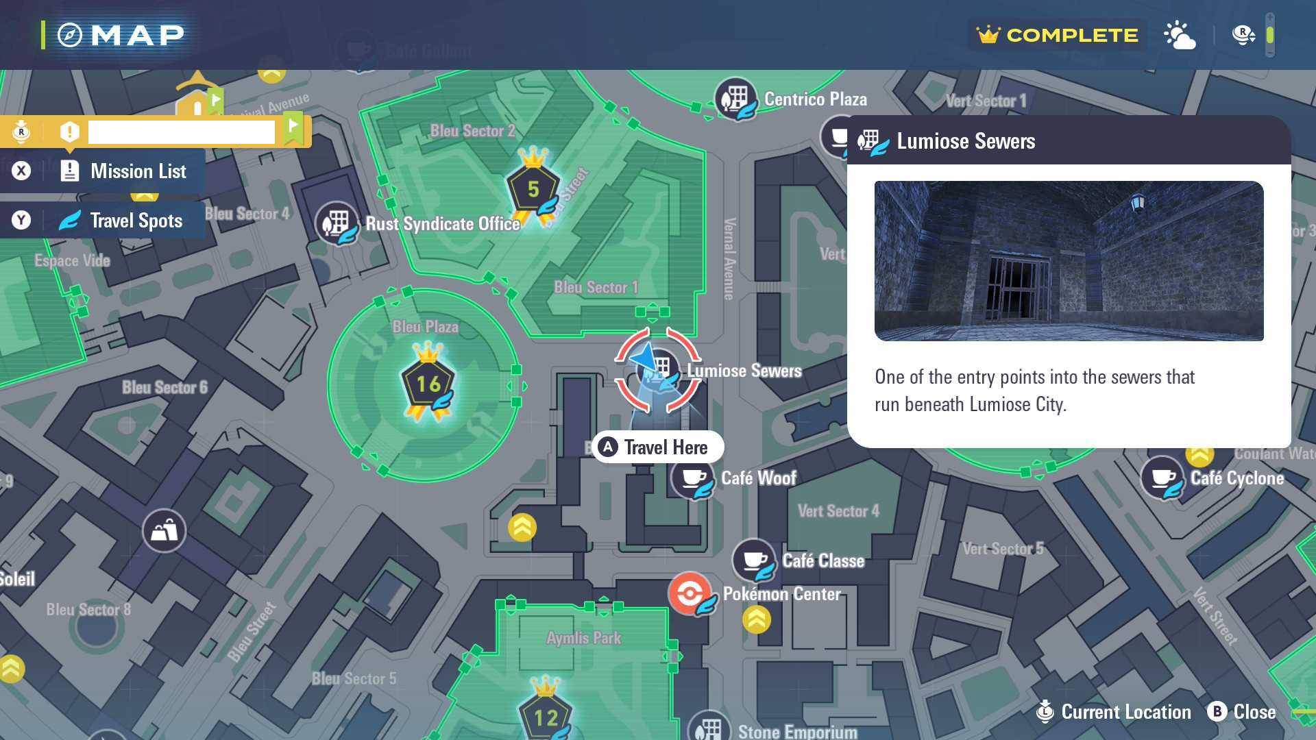 Screenshot showing Pokemon Legends: Z-A Lumiose Sewers on the map in Bleu Sector 3.