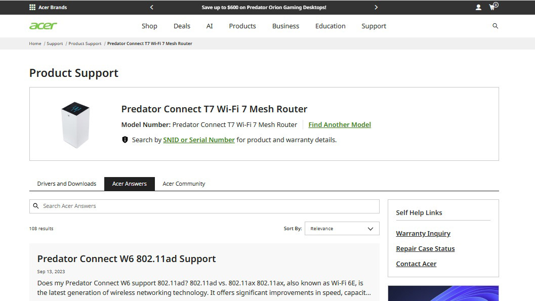 A screenshot of the Acer Predator Connect T7 app.
