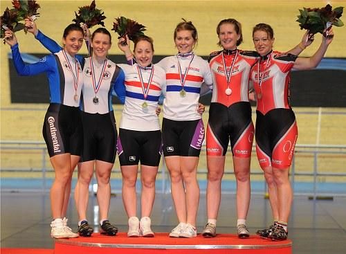 L-R: City of Edinburgh (Charlotte Joiner &amp; Jenny Davies), Halesowen (Helen Scott and Jess Varnish) and Elmy Cycles (Cassie Gledhill - Janet Birkmyre).