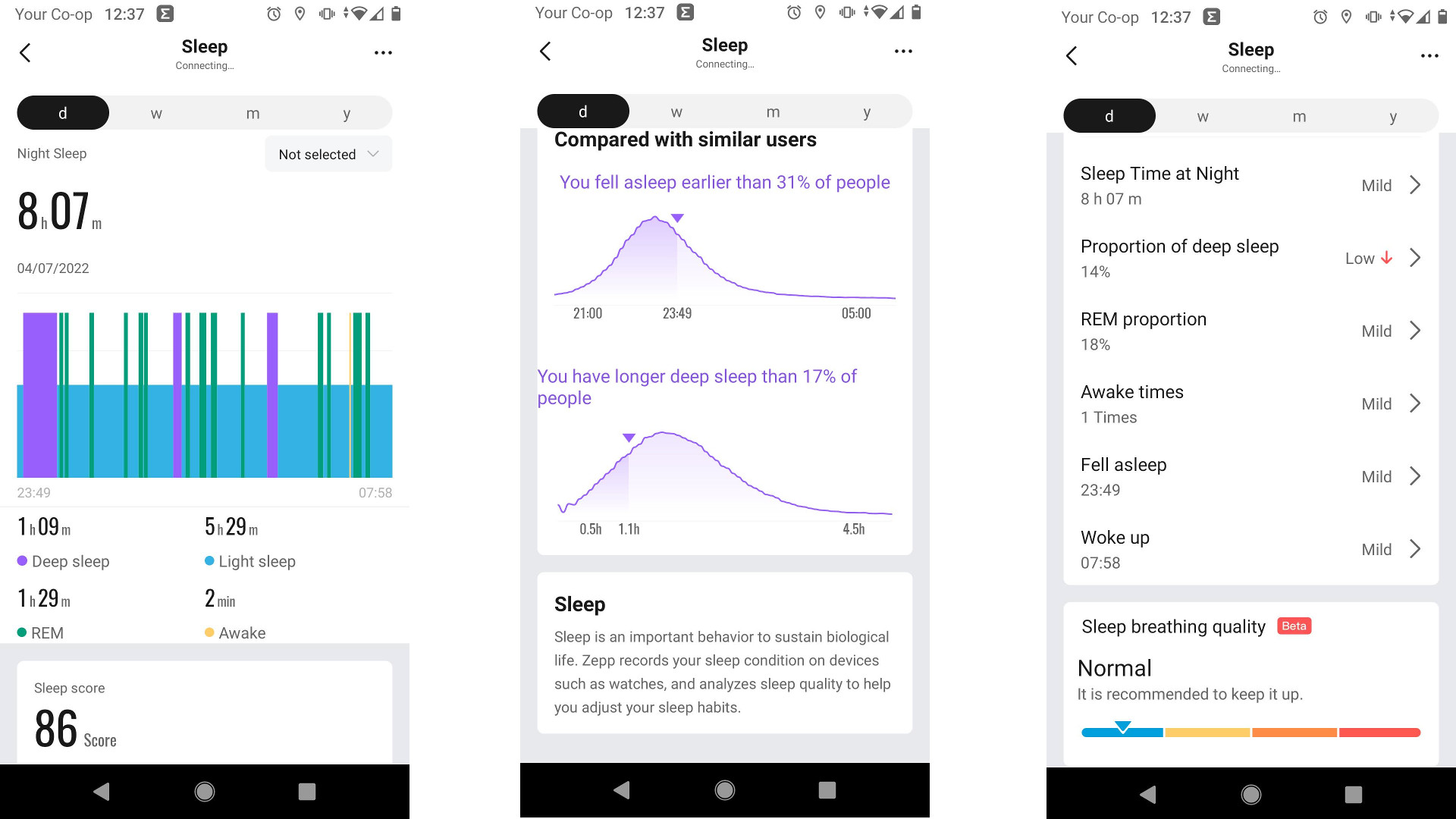 Sleep tracking results in the Zepp app