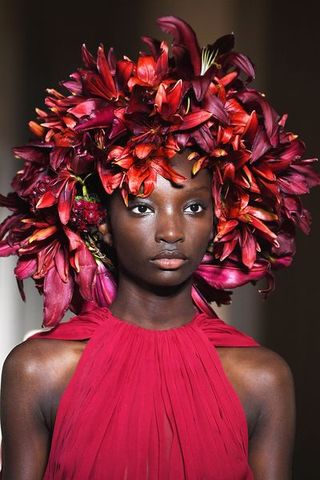 Hair, Red, Hairstyle, Beauty, Fashion, Plant, Flower, Haute couture, Headpiece, Hair coloring,