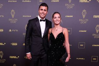 Manchester City's Spanish midfielder Rodri (L) poses prior to the 2023 Ballon d'Or France Football award ceremony at the Theatre du Chatelet in Paris on October 30, 2023.