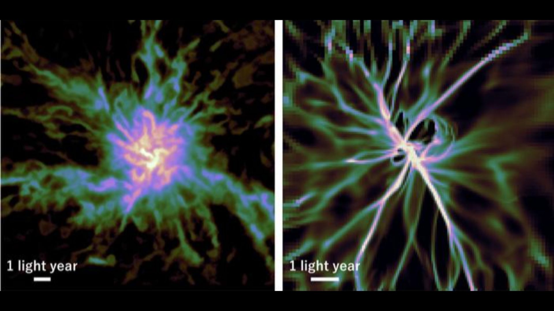 On the left, a purple fuzzy center of an object is surrounded by lightning-bolt-like streaks all around. On the right, the same image is refined and looks like spokes in a wheel.