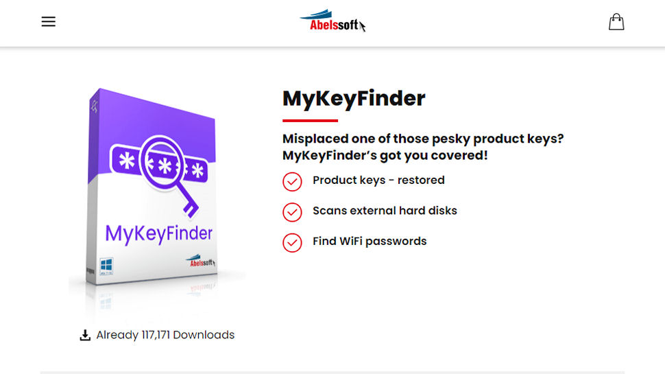 Website screenshot of Abelssoft MyKeyFinder