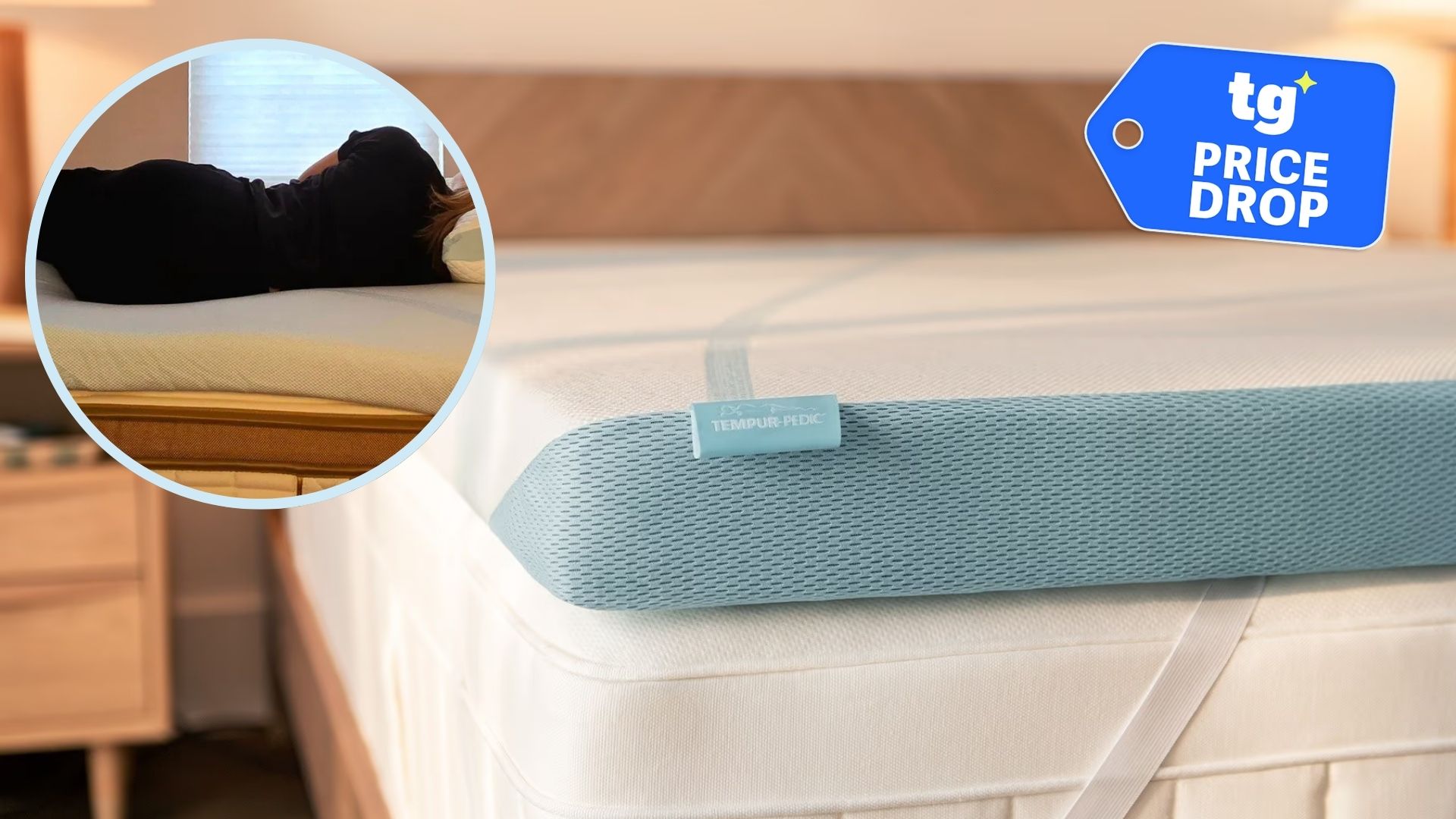 A close up of the Tempur-Adapt + Cooling Mattress Topper. In the top left foreground, a circular frame features a tester side sleeping on it. In the top left foreground, there is a deals badge. 