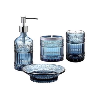 Blue 4 Piece Decorative Glass Bathroom Set 