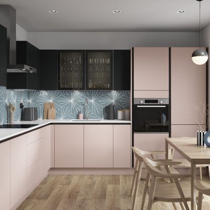 Benchmarx pink kitchen with handleless doors/