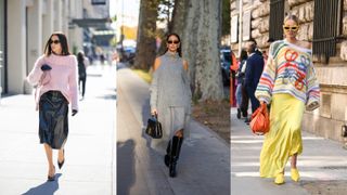A composite of street style influencers showing how to style ovesized sweaters with a skirt