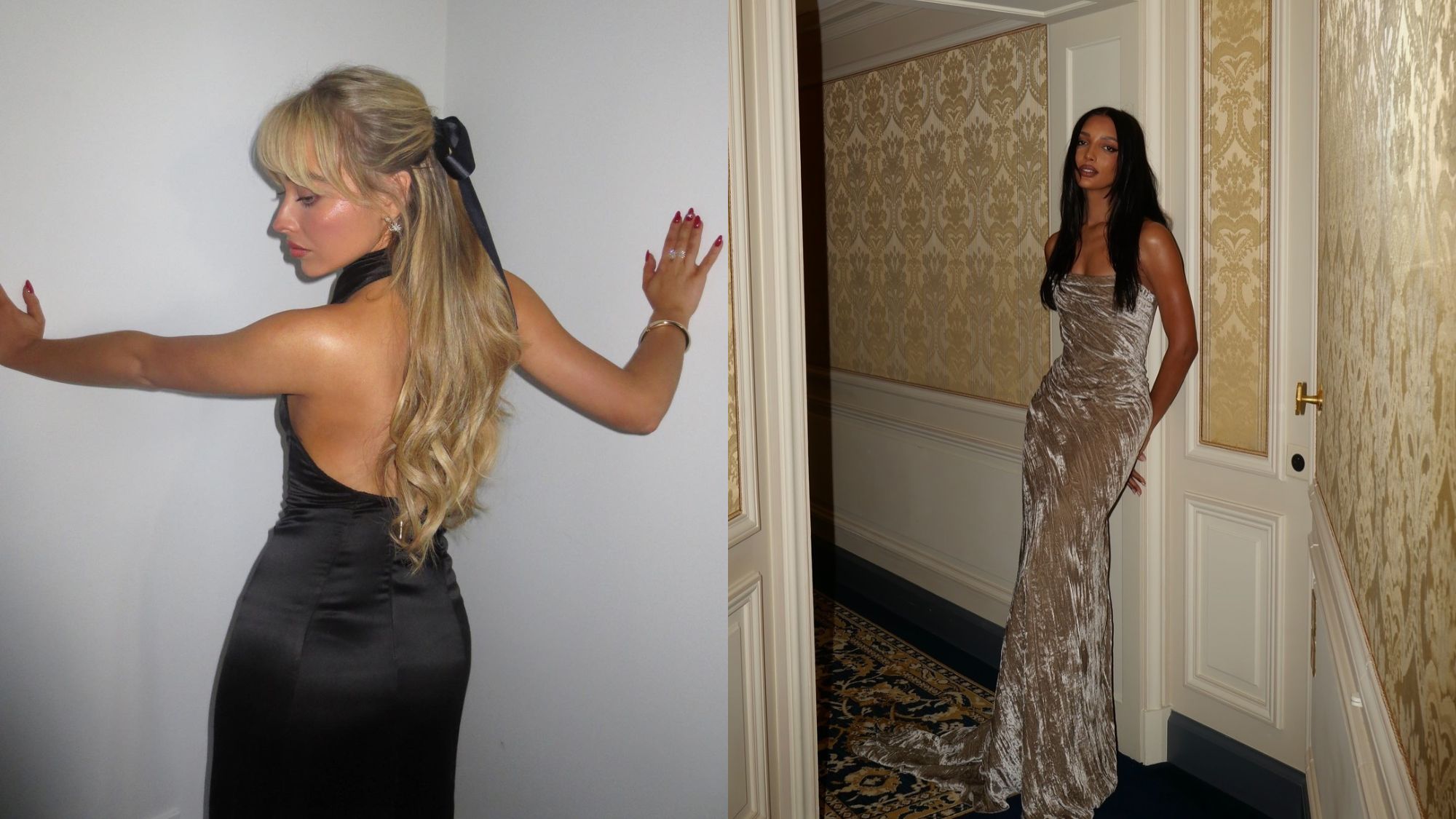 Instagram images of Sabrina Carpenter and Jasmine Tookes posing in black-tie attire and special occasion hairstyles.