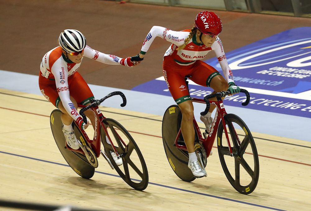 Belarus' Polina Pivovarova and Ina Savenka compete in the women's Madison