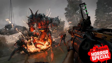 Using a grenade launcher to shoot a hulking infected as it advances in Dying Light: The Beast, with the GamesRadar+ Big Preview Horror Special badge