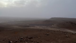 A foggy, barren Arctic landscape.