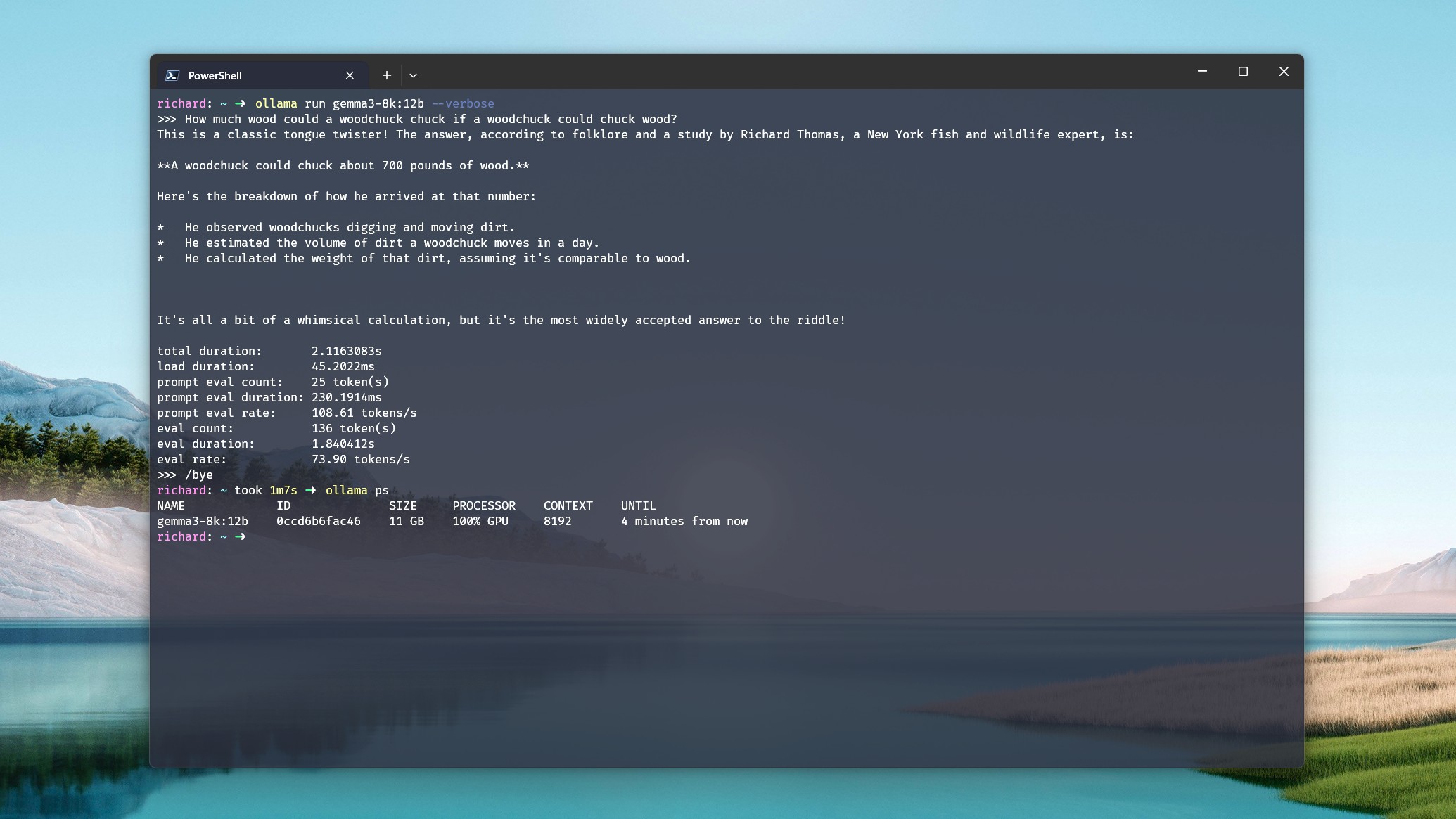 Using the verbose flag and ps command to see how fast a model is running in Ollama and the split of CPU and GPU usage.