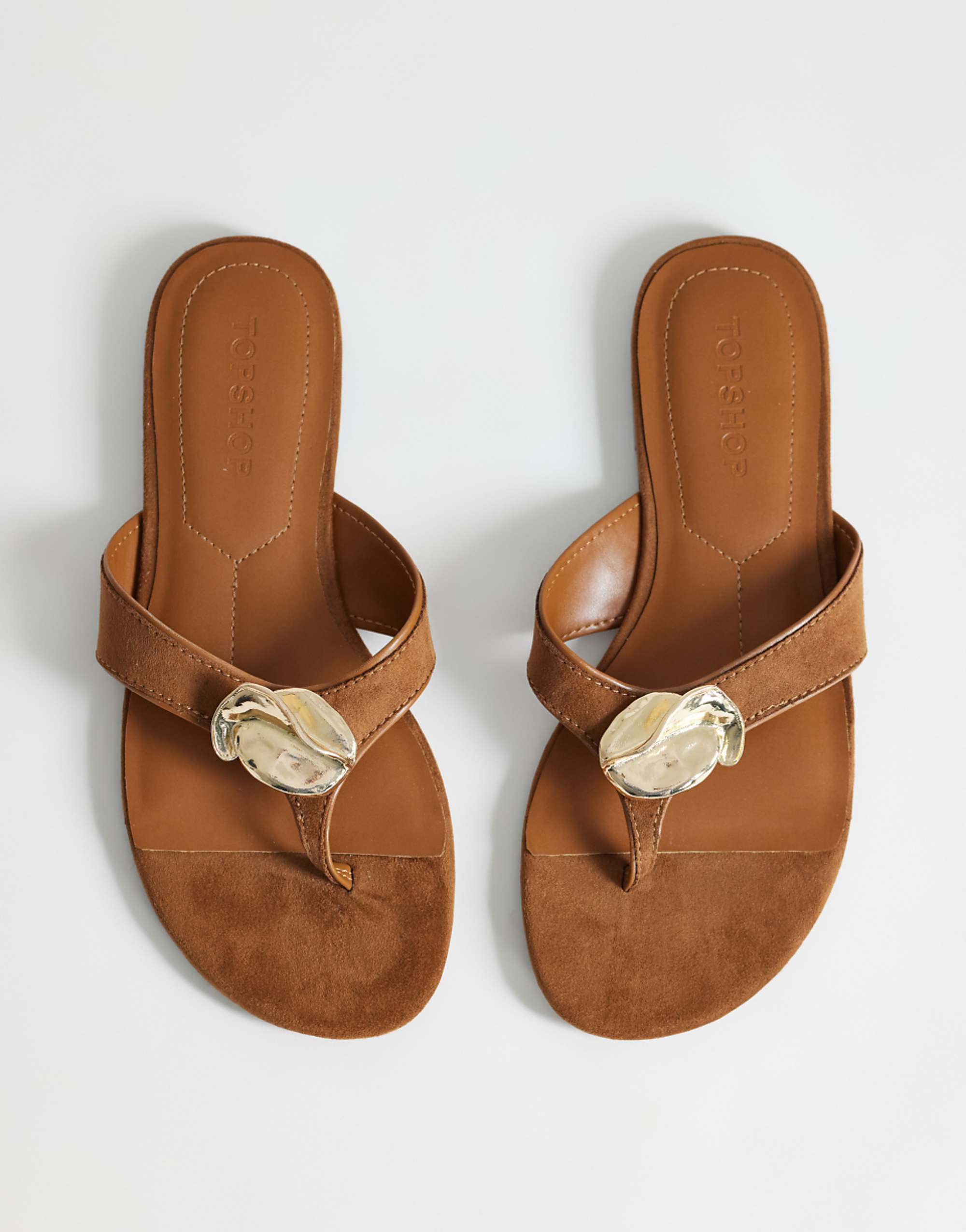 Topshop Eden Toe Thong Sandal With Hardware in Tan Faux Suede