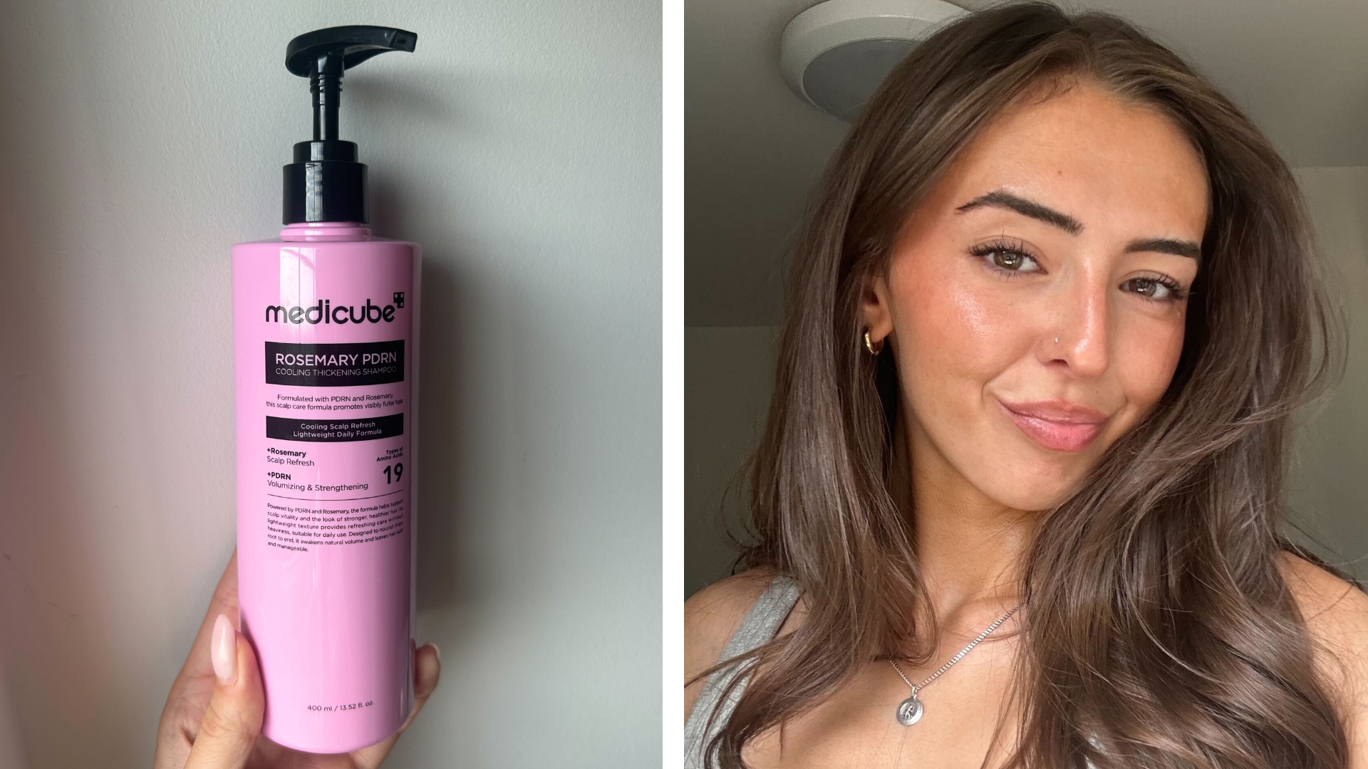 Hand holding pink pump bottle of the Medicube Rosemary PDRN Shampoo (L) and Sennen's hair after using the shampoo (R)