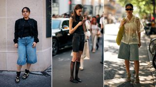 a collage of three women at paris haute couture week wearing the jorts trend with various tops and shoes