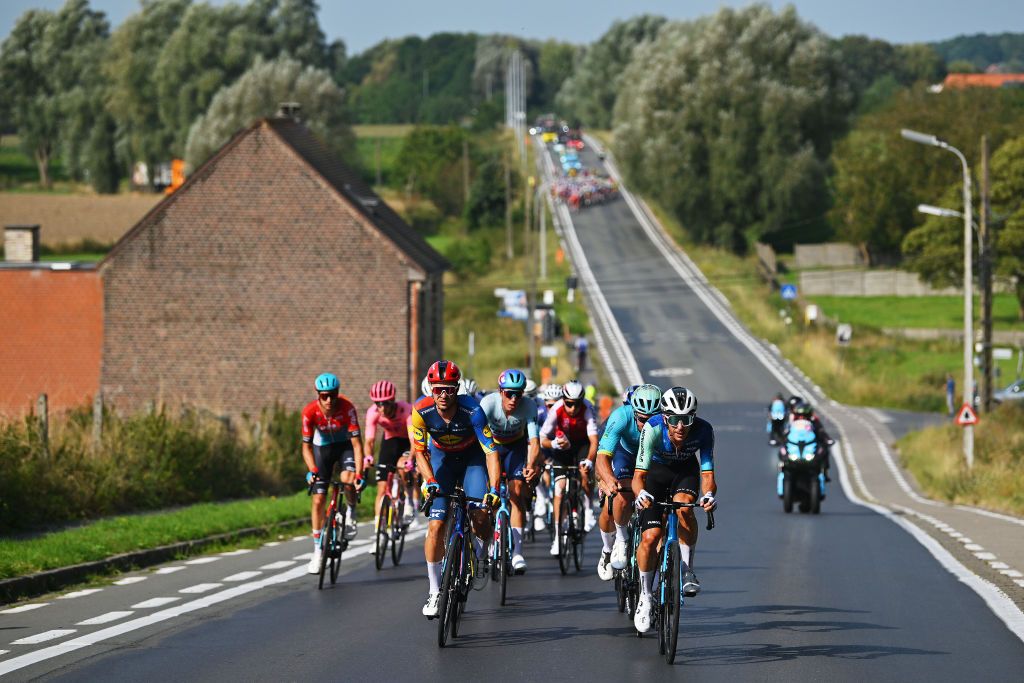 GERAARDSBERGEN BELGIUM SEPTEMBER 01 LR Edward Theuns of Belgium and Team Lidl Trek and Dries De Bondt of Belgium and Team Decathlon Ag2R La Mondiale compete in the breakaway during the 20th Renewi Tour 2024 Stage 5 a 2027km stage from Menen to Geraardsbergen UCIWT on September 01 2024 in Geraardsbergen Belgium Photo by Luc ClaessenGetty Images