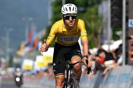 LOCARNO, SWITZERLAND - JUNE 18: Tadej Pogacar of Slovenia and UAE Team Emirates - XRG - Yellow Leader Jersey reacts crossing the finish line during the 89th Tour de Suisse 2026, Stage 2 a 157.7km stage from Locarno to Locarno / #UCIWT / on June 18, 2026 in Locarno, Switzerland. (Photo by Tim de Waele/Getty Images)