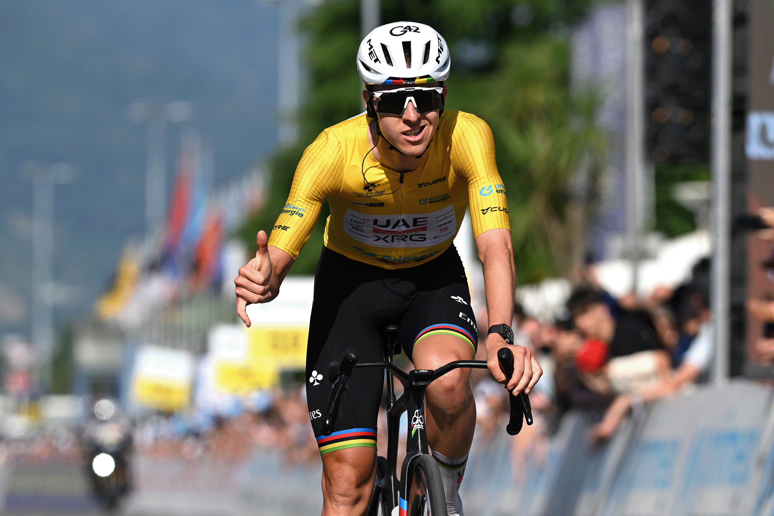 LOCARNO, SWITZERLAND - JUNE 18: Tadej Pogacar of Slovenia and UAE Team Emirates - XRG - Yellow Leader Jersey reacts crossing the finish line during the 89th Tour de Suisse 2026, Stage 2 a 157.7km stage from Locarno to Locarno / #UCIWT / on June 18, 2026 in Locarno, Switzerland. (Photo by Tim de Waele/Getty Images)