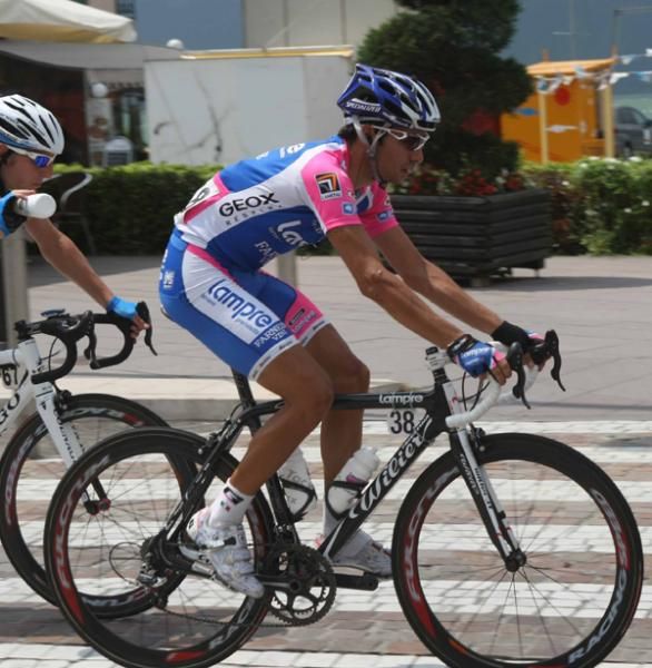 A Lampre rider heads out after the start