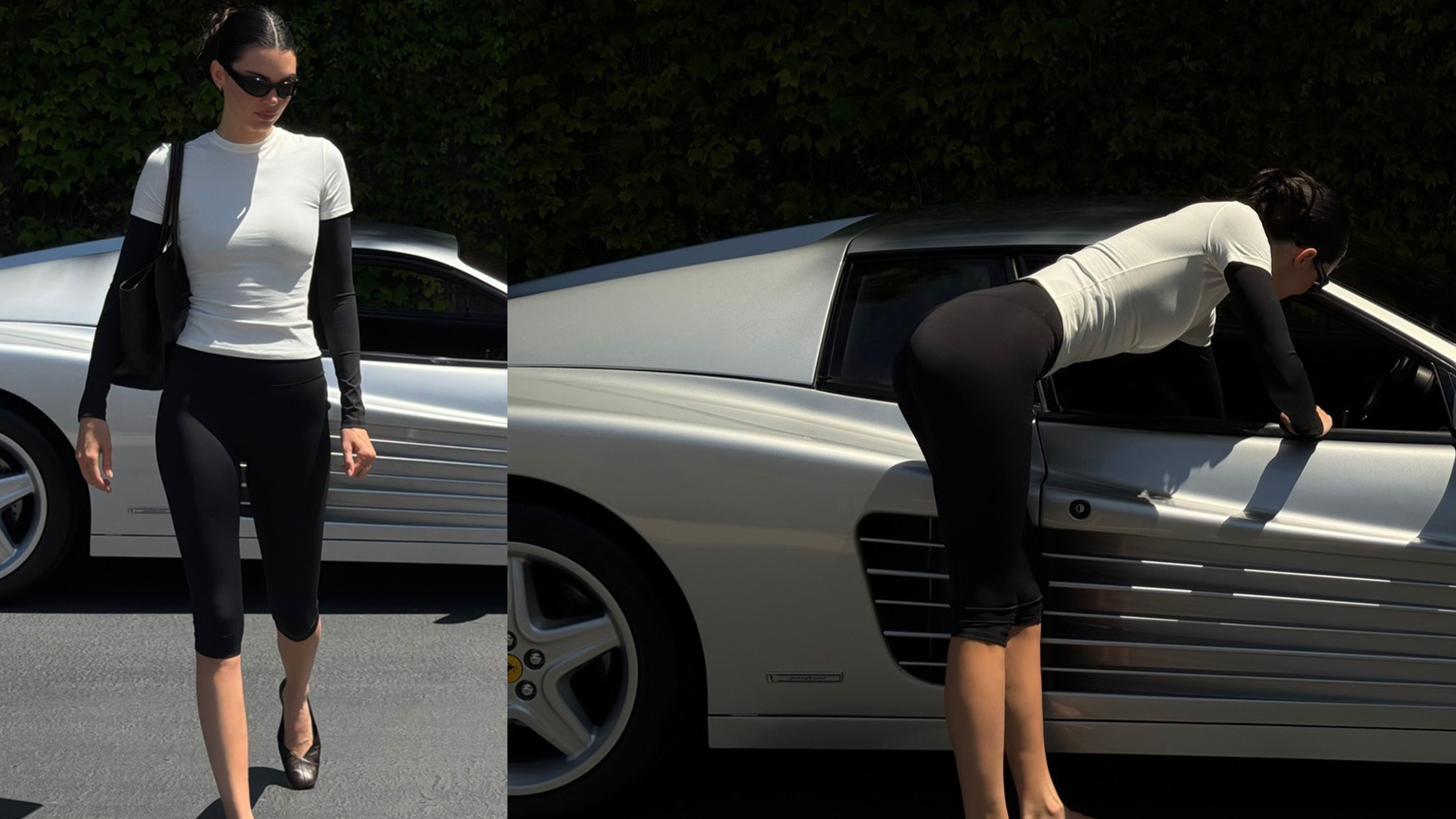 Kendall Jenner posing next to her vintage Ferrari 512 TR sports car wearing an Adanola layered T-shirt and capri leggings with The Row flats.