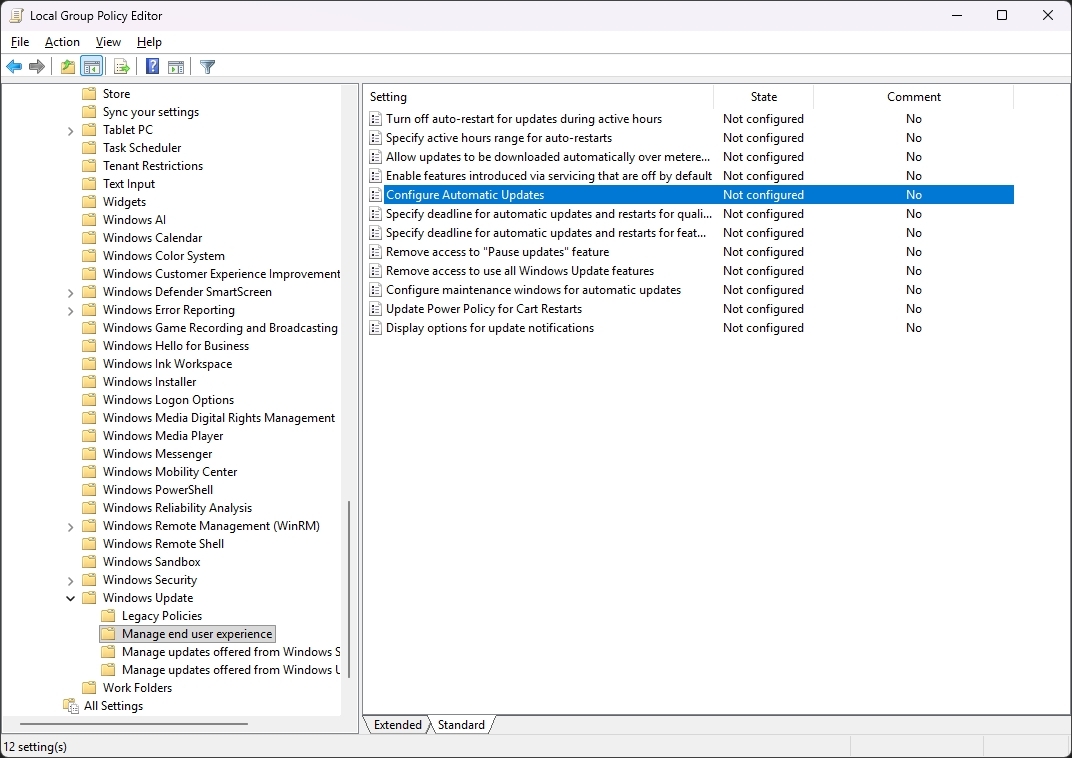 Screenshot of the Local Group Policy Editor. The "Windows Update" folder is expanded, highlighting "Configure Automatic Updates" as not configured.