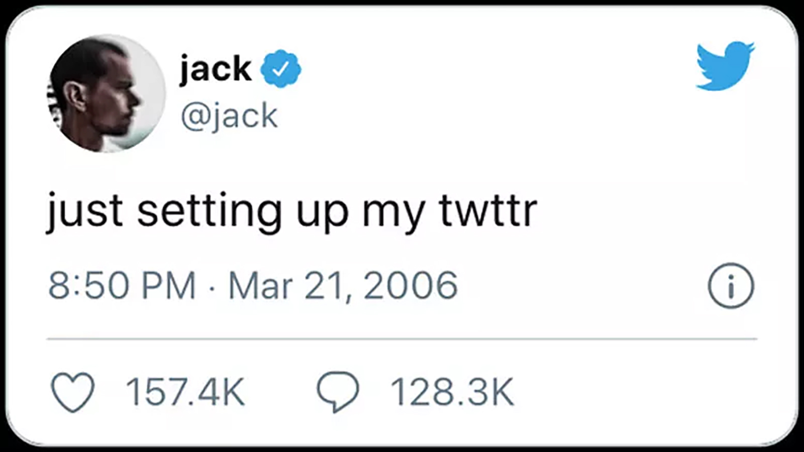 A screenshot of the first ever Tweet from Jack Dorsey which says 